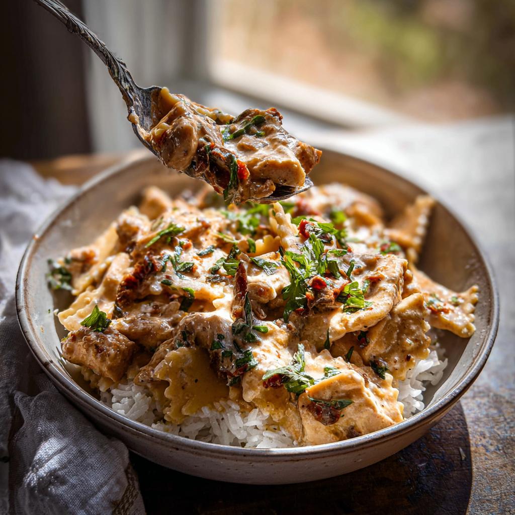 A spoonful of creamy sun-dried tomato pasta being lifted from a rice bowls recipe, garnished with fresh herbs.