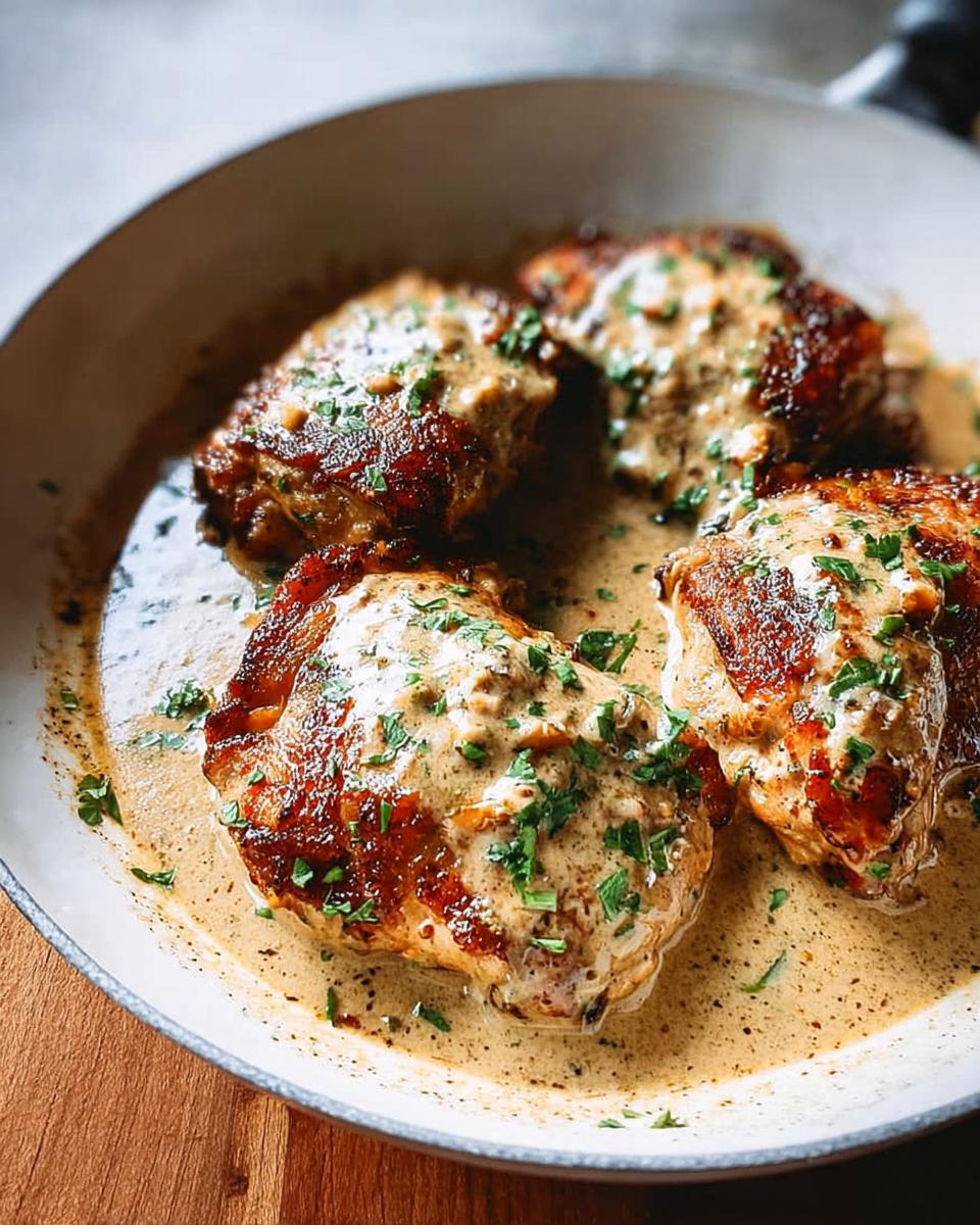 Four perfectly seared chicken thighs swimming in a creamy pan sauce, garnished with fresh parsley.