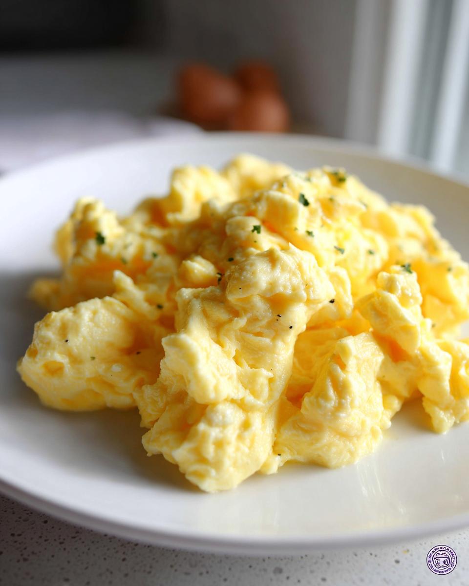 Fluffy, creamy scrambled eggs garnished with herbs on a white plate, illustrating how to make egg recipes like a pro.