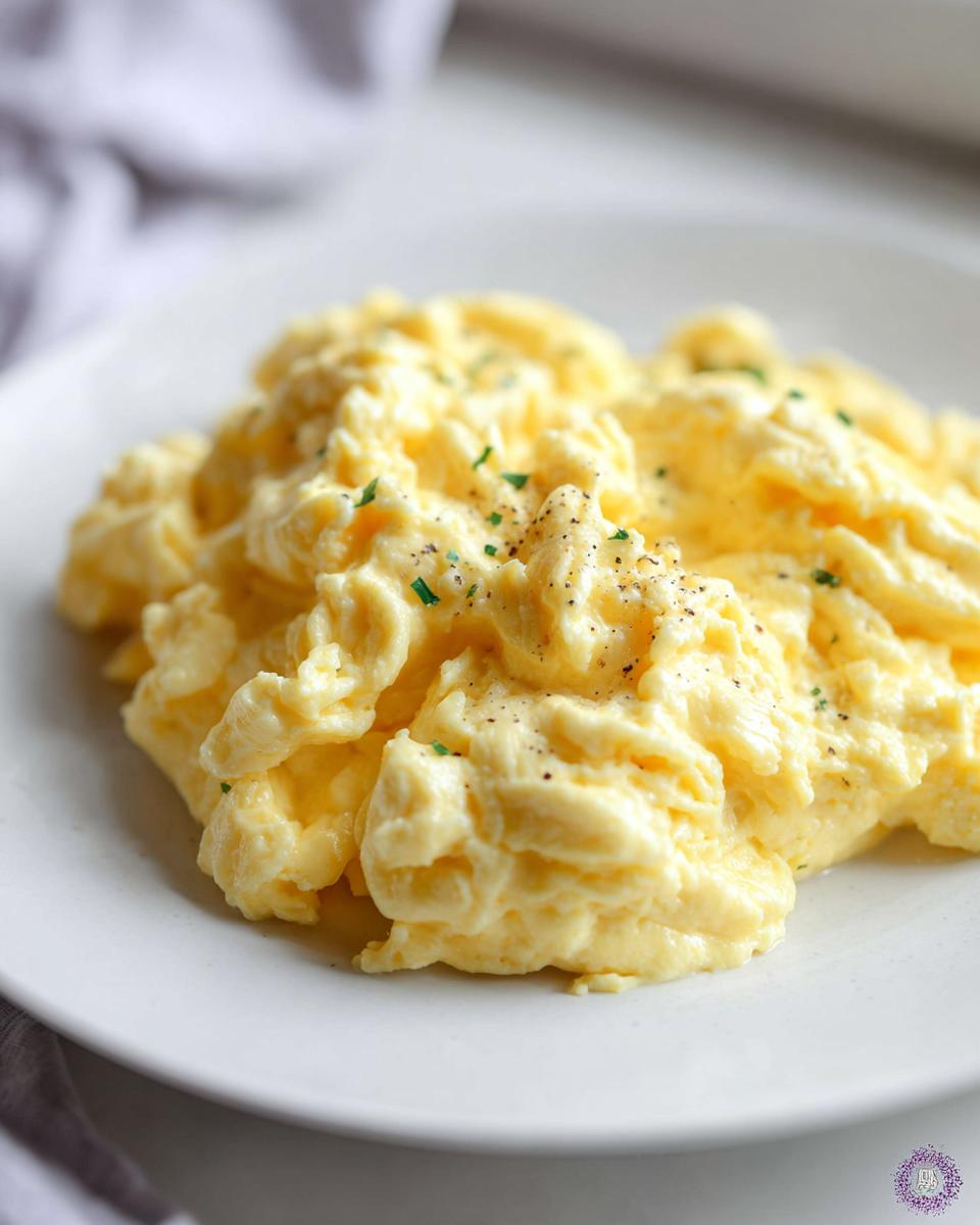 Close-up of creamy, fluffy scrambled eggs seasoned with pepper, illustrating how to make egg recipes like a pro.