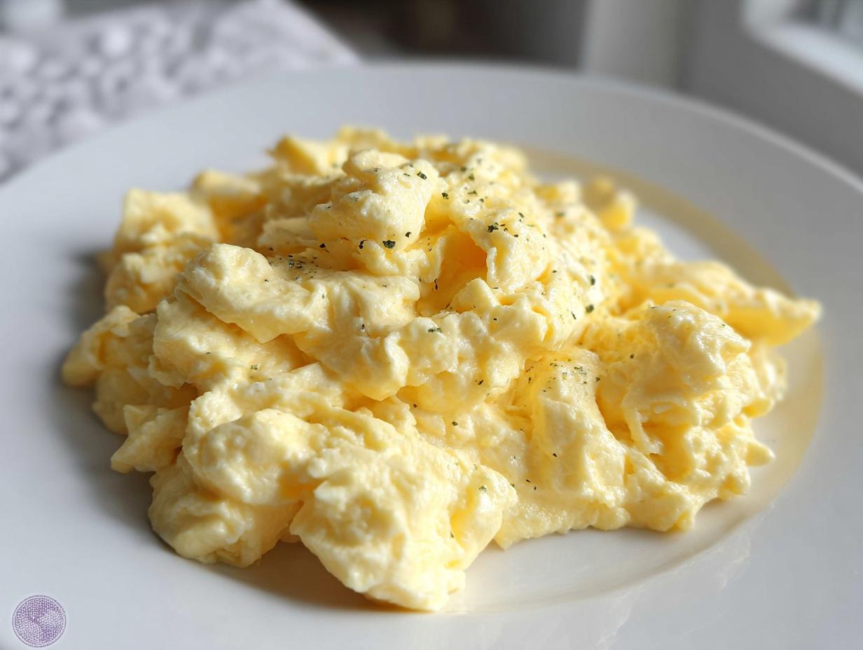 A close-up of perfectly creamy scrambled eggs, a great example for How to Make Egg Recipes Like a Pro.