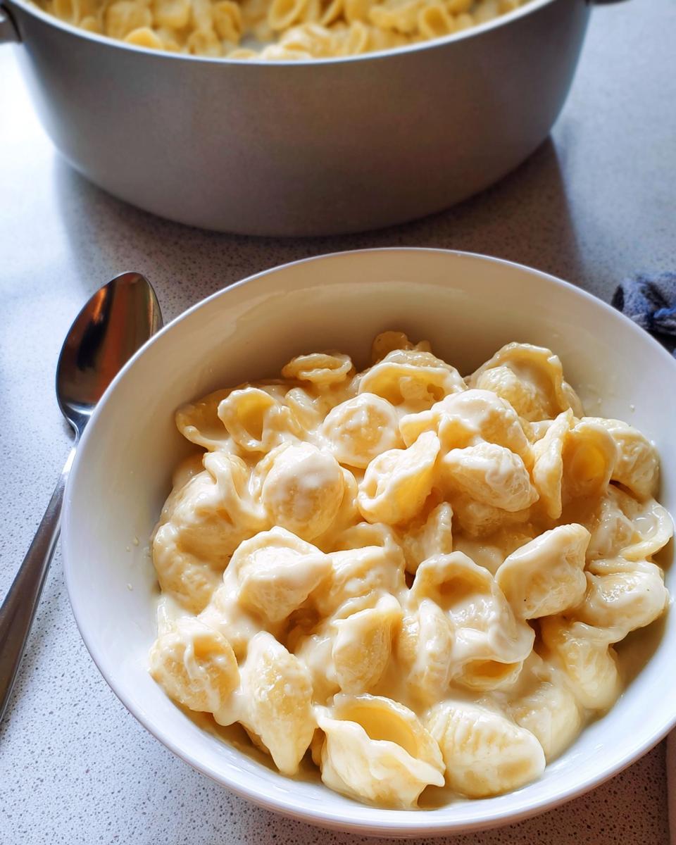 A bowl of creamy shell pasta, an example of easy dinner recipes, served next to a large pot.