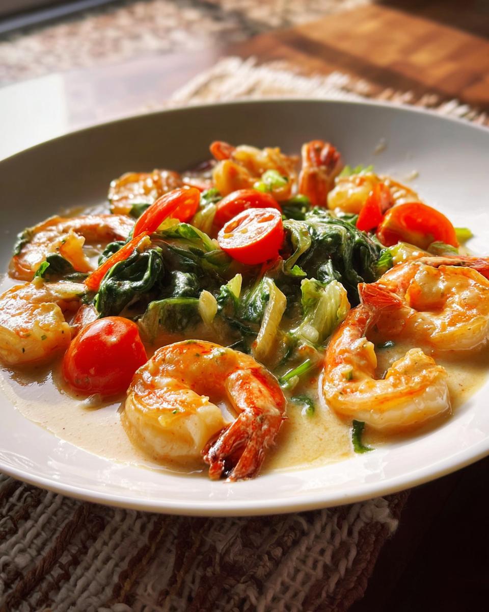 Close-up of a delicious shrimp recipes served in a creamy sauce with wilted spinach and halved cherry tomatoes.