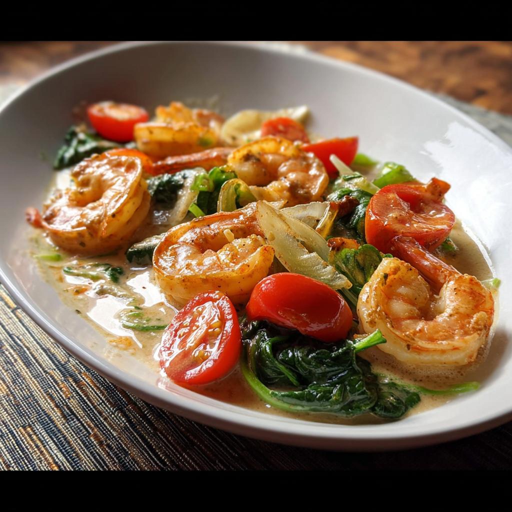 Close-up of a creamy shrimp recipes dish featuring sautéed shrimp, cherry tomatoes, spinach, and onions in a white bowl.