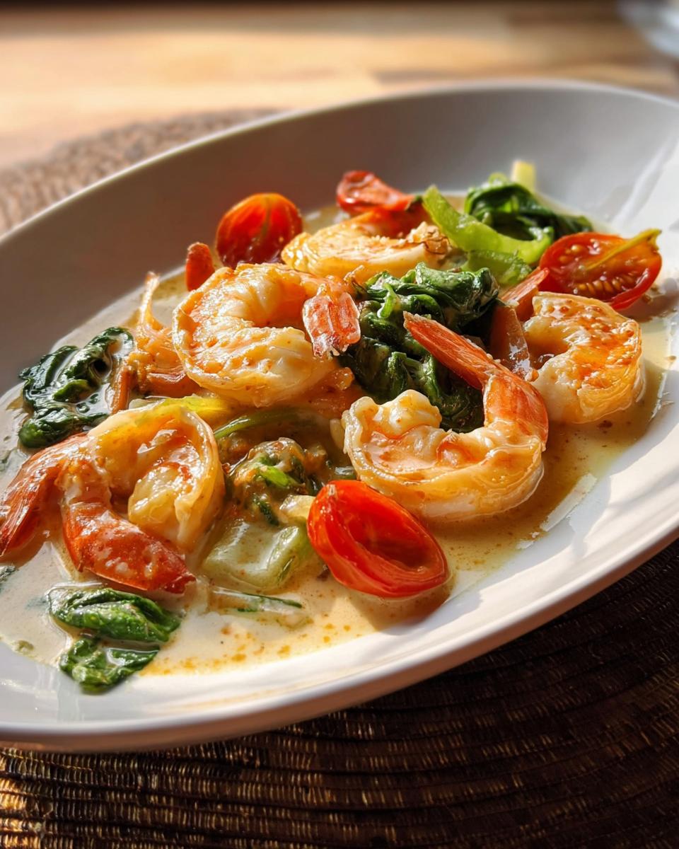 Close-up of a creamy shrimp recipes dish featuring large cooked shrimp, wilted spinach, and halved cherry tomatoes.