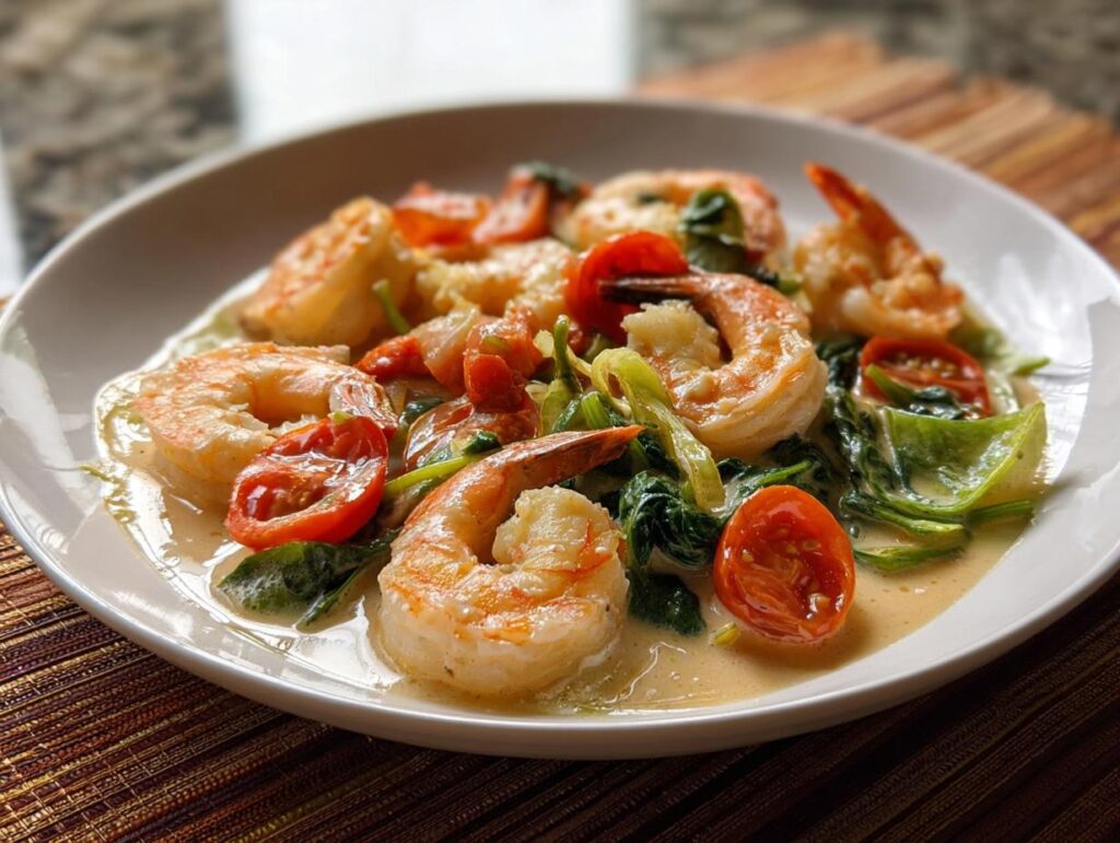 Close-up of a creamy shrimp recipes dish featuring large shrimp, wilted spinach, and halved cherry tomatoes.
