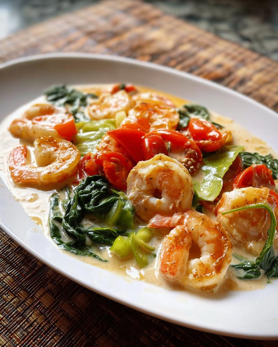 Close-up of creamy shrimp recipes featuring sautéed shrimp, cherry tomatoes, and wilted spinach in a white sauce.