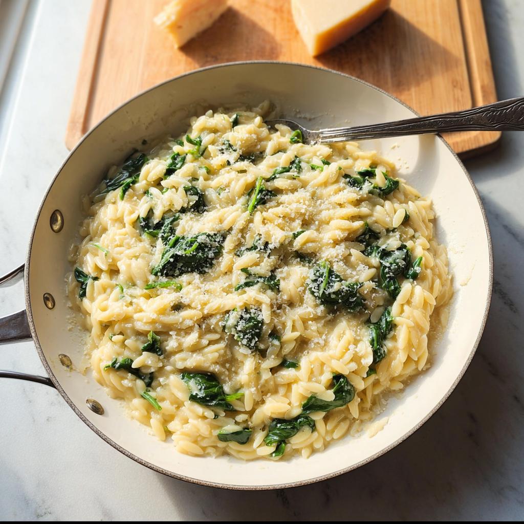Creamy spinach orzo pasta dish topped with grated Parmesan cheese, a perfect addition to veggie sides recipes.