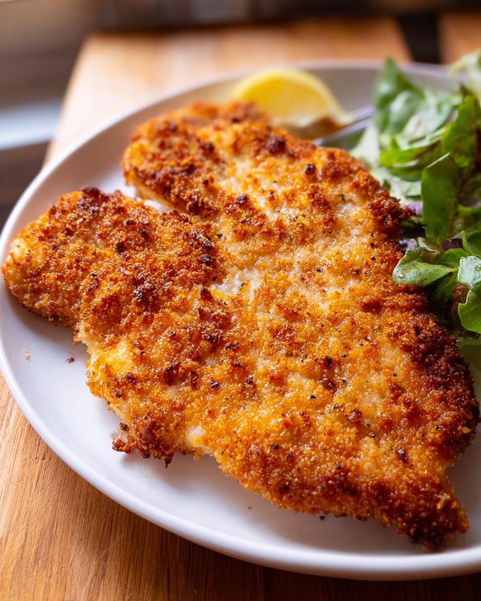 Two golden brown, breaded air fryer chicken cutlets served with a side salad and lemon wedge.