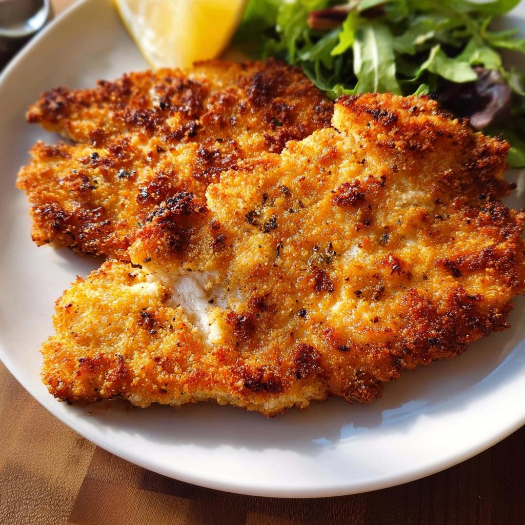 Two golden brown, crispy breaded air fryer chicken cutlets served with a side salad and lemon wedge.