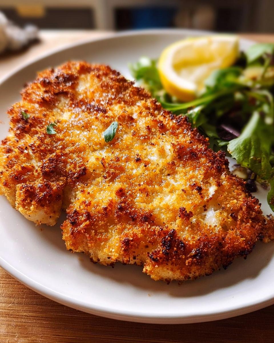Close-up of a perfectly golden and crispy breaded air fryer chicken cutlet served with a fresh green salad.
