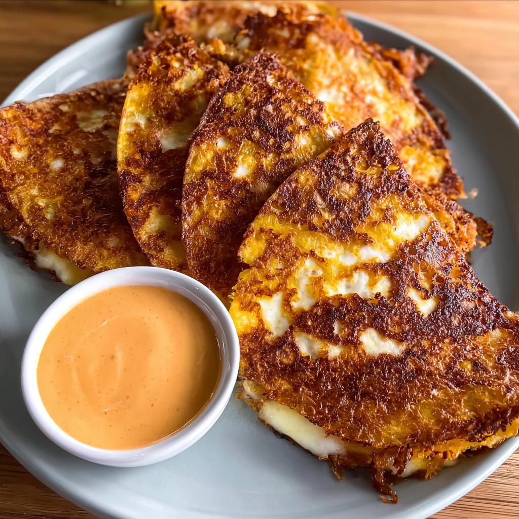 Close-up of crispy, golden-brown cheese crisps served with a side of orange dipping sauce for Restaurant-Style Taco Tuesday Recipes at Home.