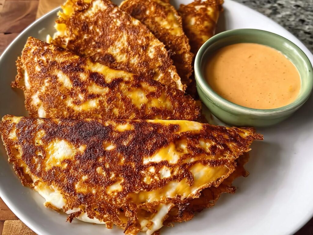 Close-up of crispy cheese tacos (quesadillas) served with a side of orange dipping sauce for Restaurant-Style Taco Tuesday Recipes at Home.