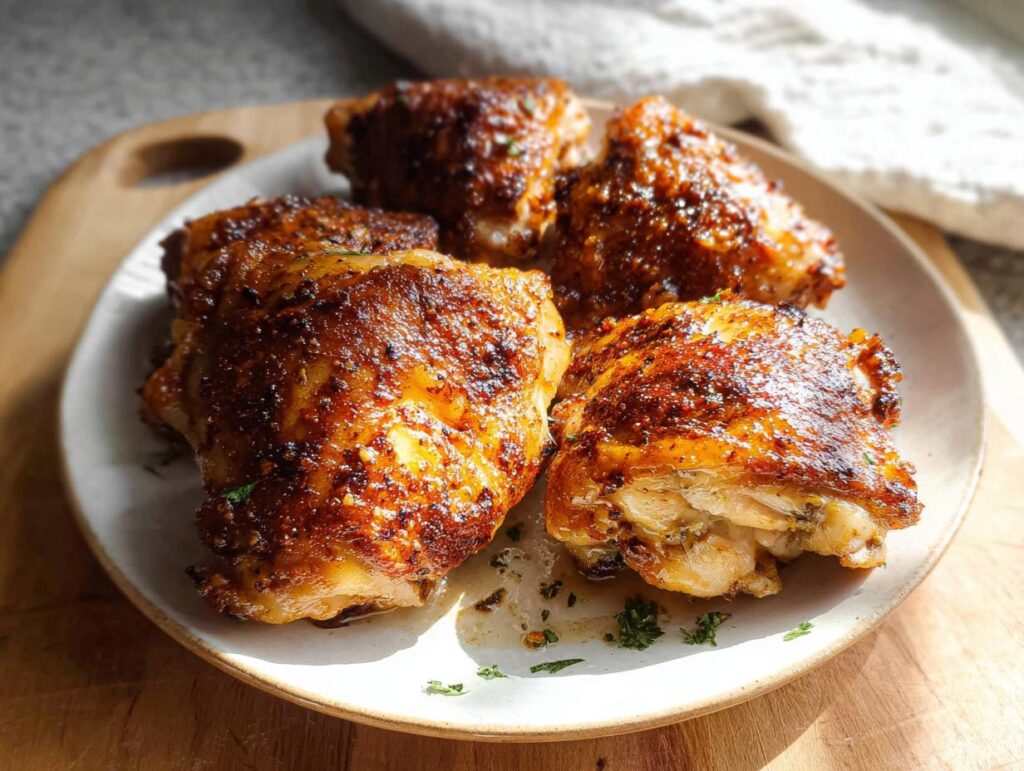 Four perfectly cooked, crispy skin chicken thigh recipes pieces served on a light plate.