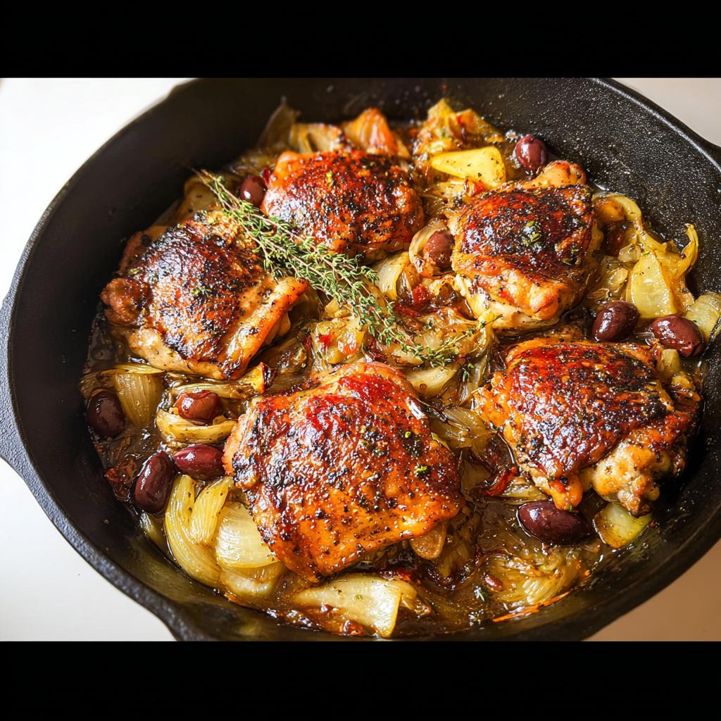 Four crispy, browned chicken thighs cooked with onions and olives in a cast iron skillet, part of 20-Ingredient Chicken Thigh Recipes.