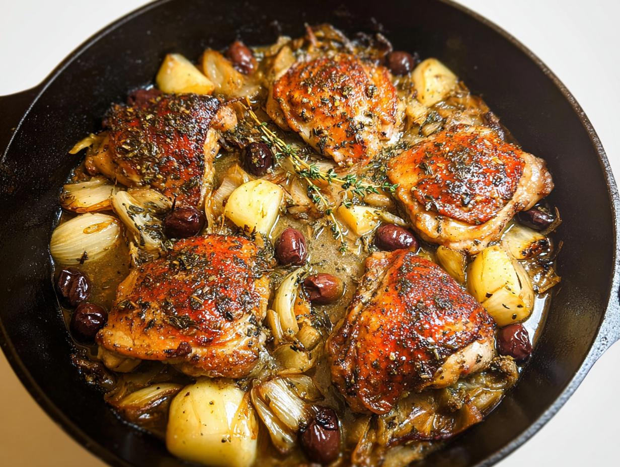 Four crispy, herb-crusted chicken thighs baked with onions, potatoes, and olives in a cast iron skillet.