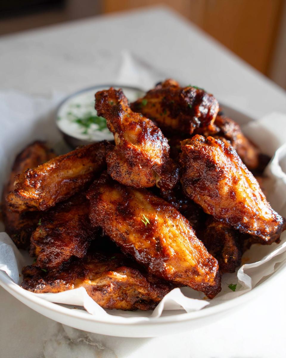 A bowl piled high with crispy, glazed Chicken Wings Recipes in 20 Minutes, served with a side of dipping sauce.