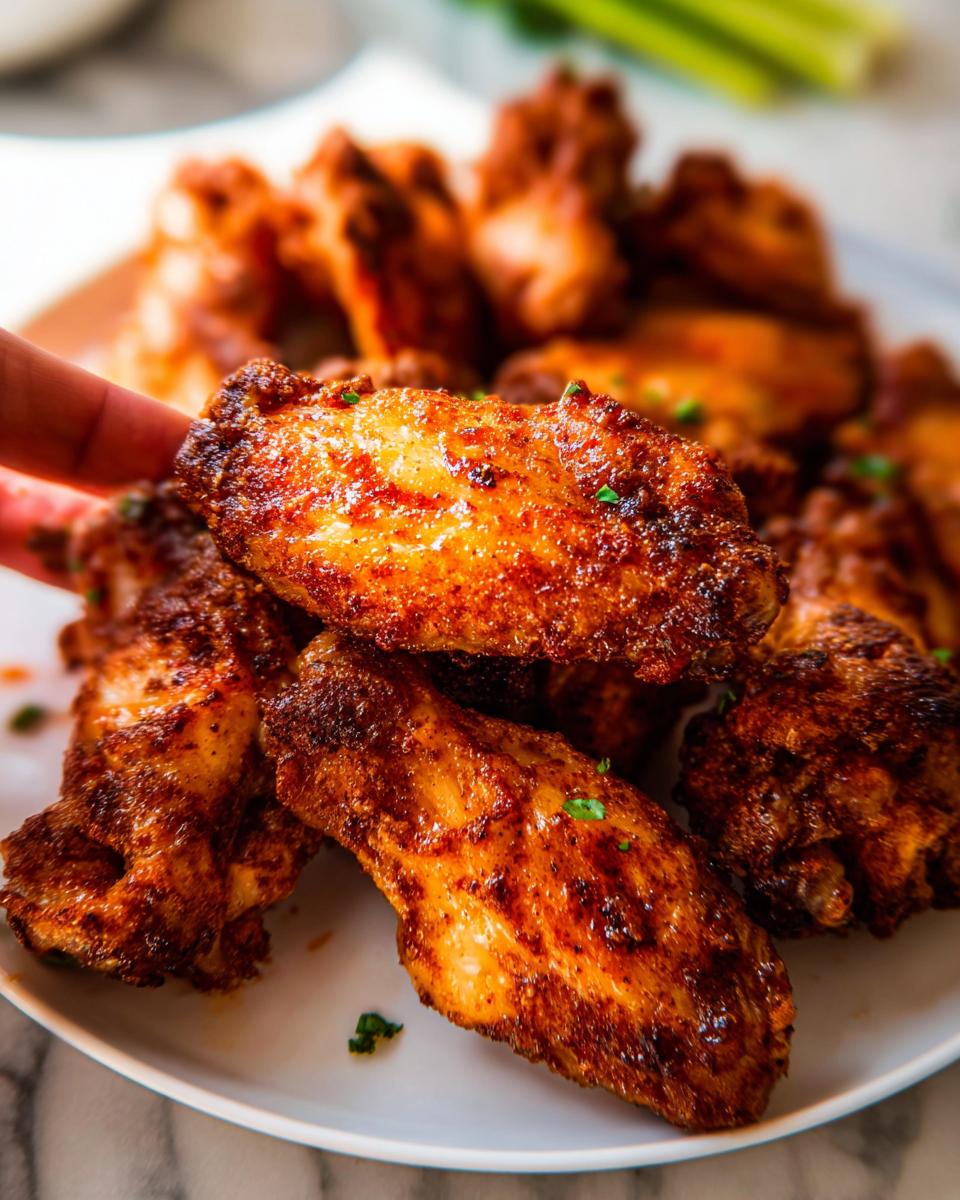 A hand picking up a perfectly seasoned, crispy chicken wing from a white plate filled with other 25-Ingredient Chicken Wings Recipes.