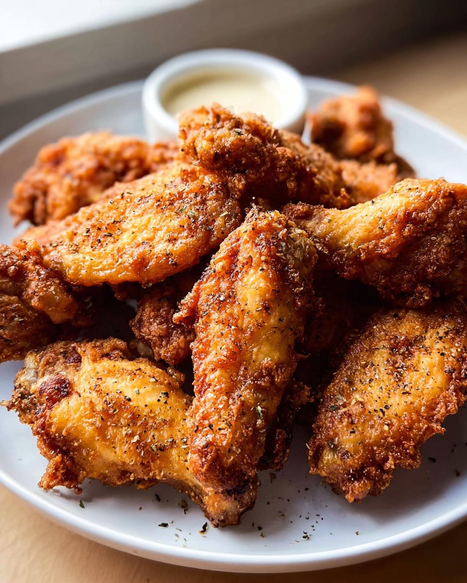 A plate piled high with crispy, golden-brown chicken wings recipes, seasoned with pepper.