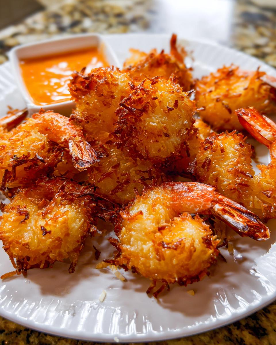 Close-up of golden, crispy coconut shrimp served on a white plate with a side of orange dipping sauce.