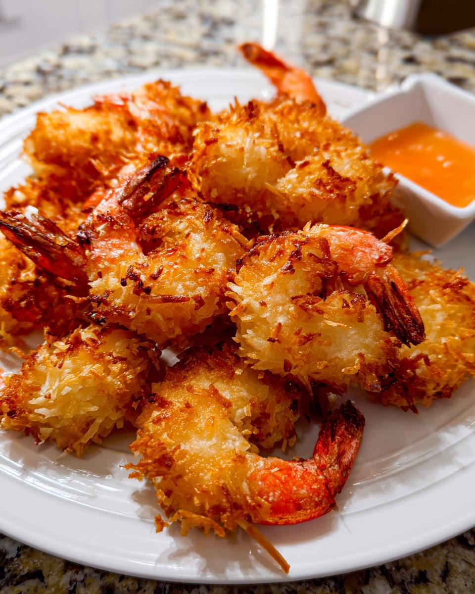 A plate of golden brown, crispy coconut shrimp served with a side of sweet chili dipping sauce.