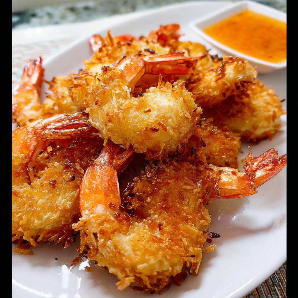 A plate of golden brown, crispy coconut shrimp served with a side of sweet chili dipping sauce.