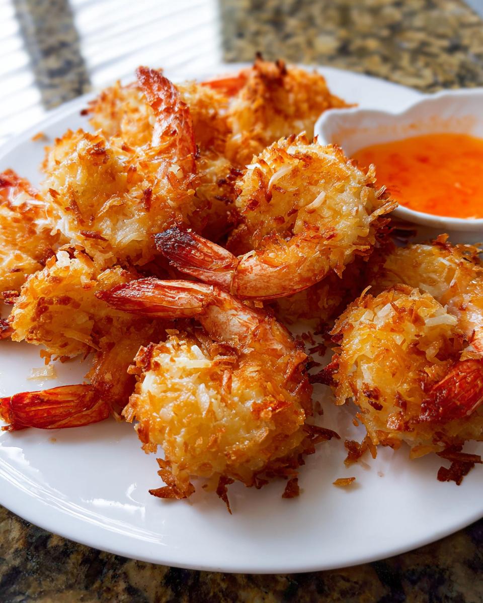 A plate of golden brown, crispy coconut shrimp served with a side of sweet chili dipping sauce.