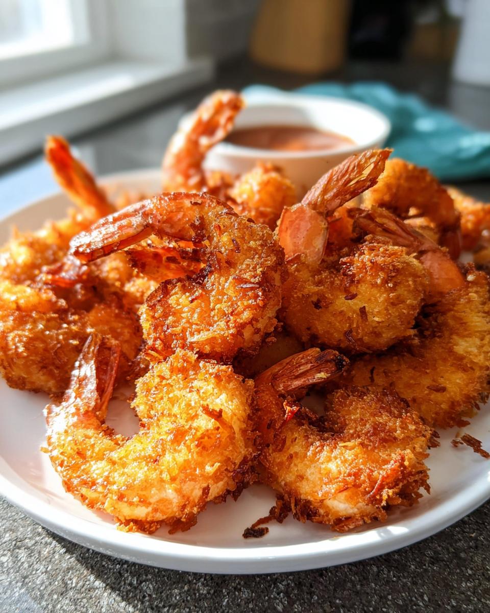 A plate piled high with golden brown, crispy coconut shrimp served with a dipping sauce.