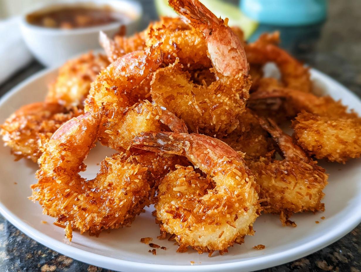 A pile of golden, crispy coconut shrimp served on a white plate, perfect for one of the 7 Genius Shrimp Recipes Ideas for Busy Weeknights.
