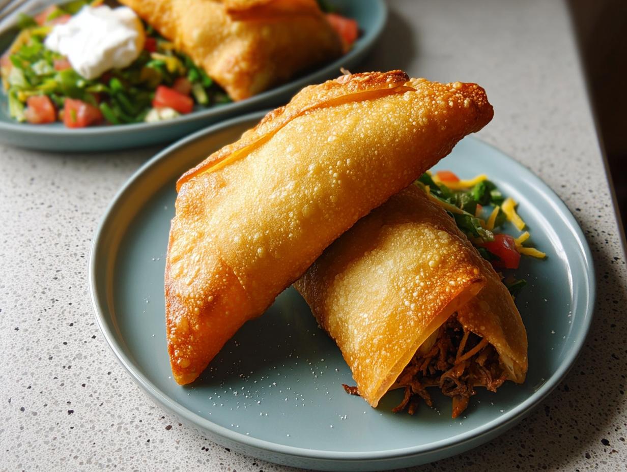 Two crispy, golden-brown fried egg rolls served on a blue plate, part of 20-Ingredient Easy Dinner Recipes.