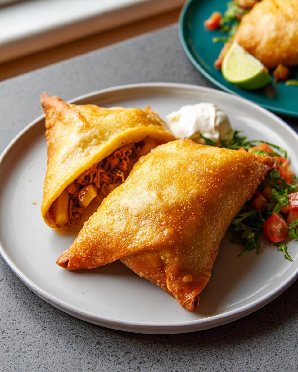Two golden, crispy fried empanadas served with sour cream and a side salad, perfect for 20-Ingredient Easy Dinner Recipes.