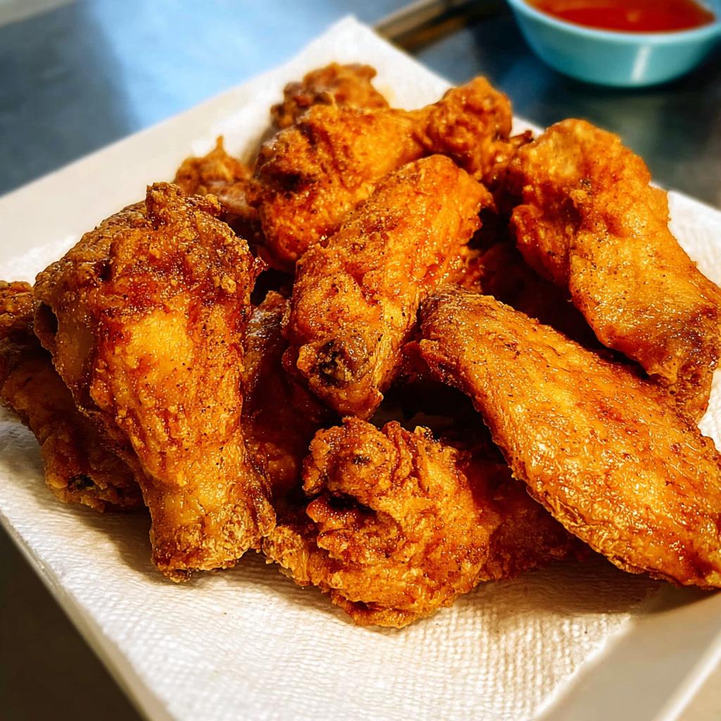 A pile of freshly fried, golden brown chicken wings resting on a white paper towel.