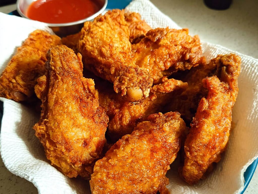 A pile of golden brown, crispy fried chicken wings resting on a paper towel, served with a side of dipping sauce.