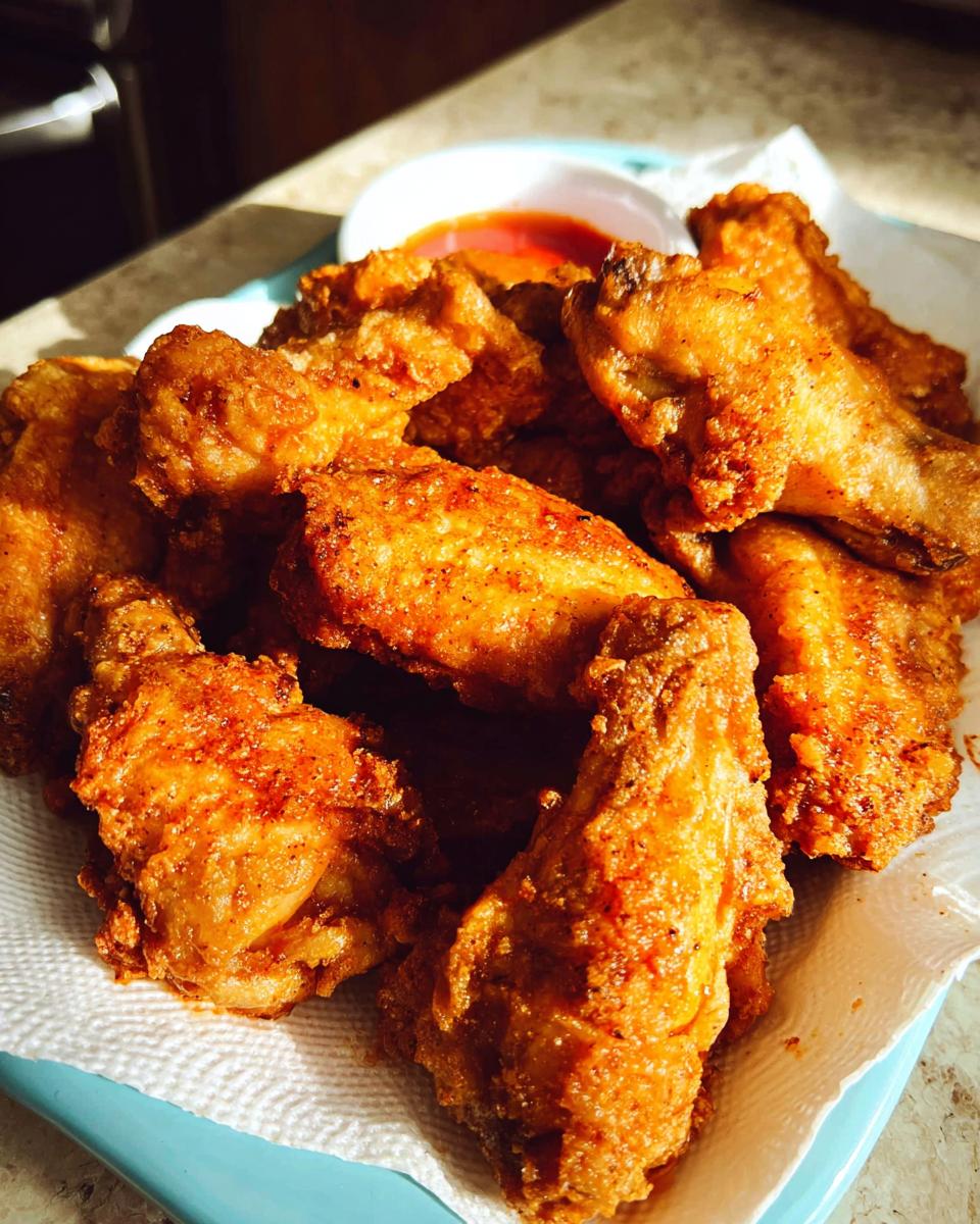 A plate piled high with crispy, golden-brown fried chicken wings, served with a side of dipping sauce.
