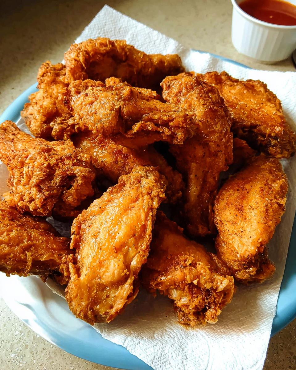 A pile of golden brown, crispy fried chicken wings resting on a paper towel-lined plate.