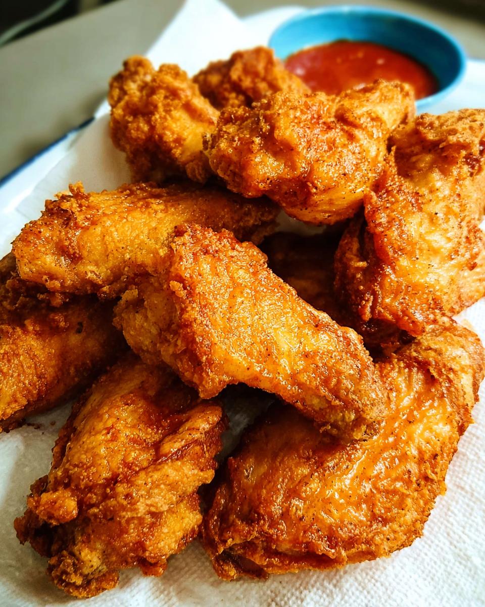 A close-up of golden brown, crispy fried chicken wings resting on a paper towel, with a small bowl of dipping sauce visible.