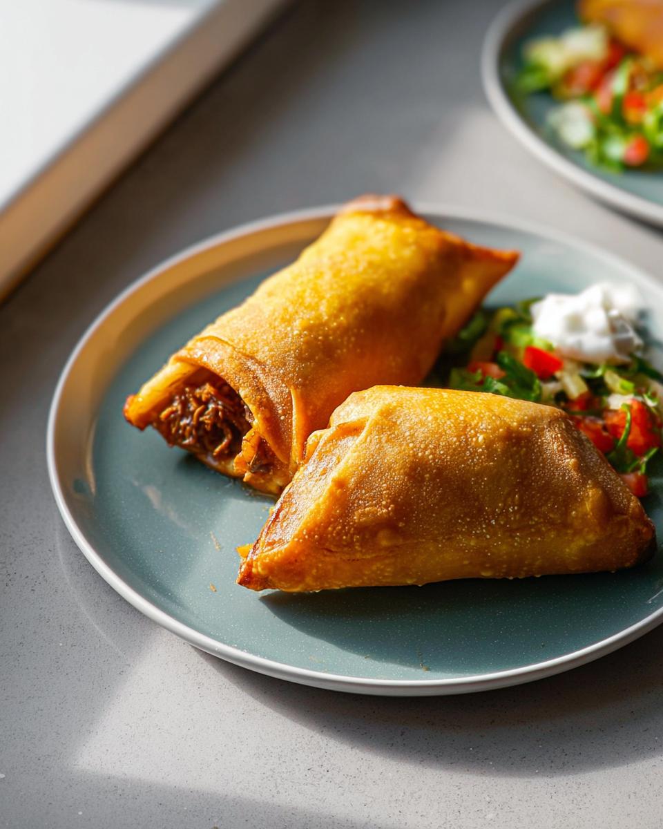 Two golden, crispy fried rolls filled with shredded meat, served with a side salad and sour cream, part of 20-Ingredient Easy Dinner Recipes.