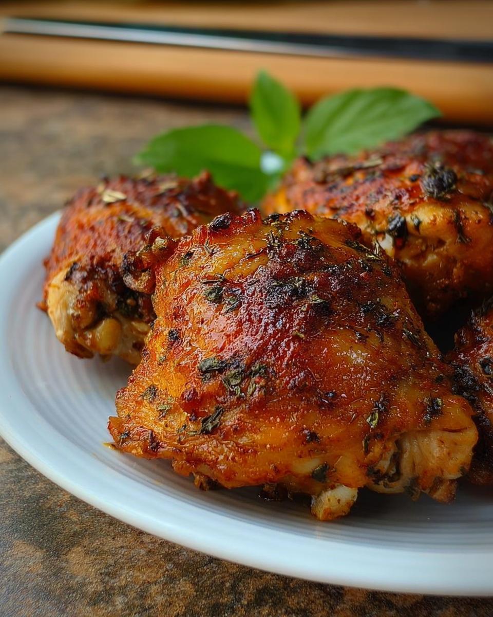 Close-up of beautifully browned, herb-crusted chicken thigh recipes served on a white plate.