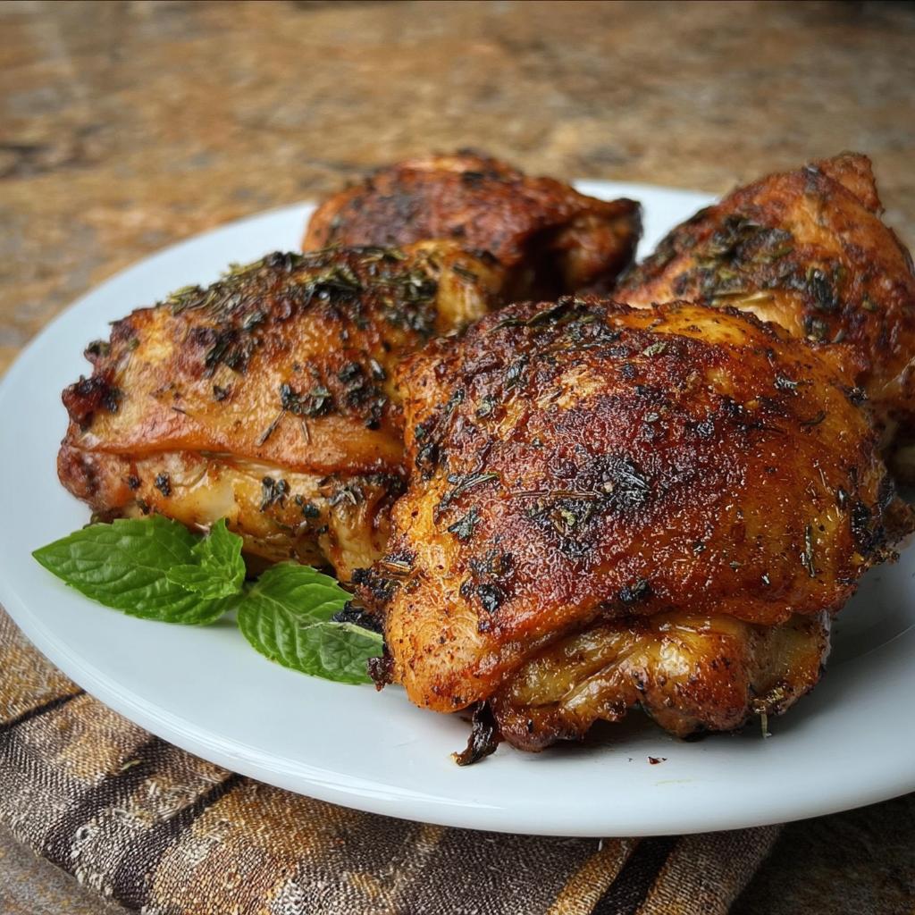 Four perfectly roasted, crispy chicken thighs seasoned with herbs served on a white plate.
