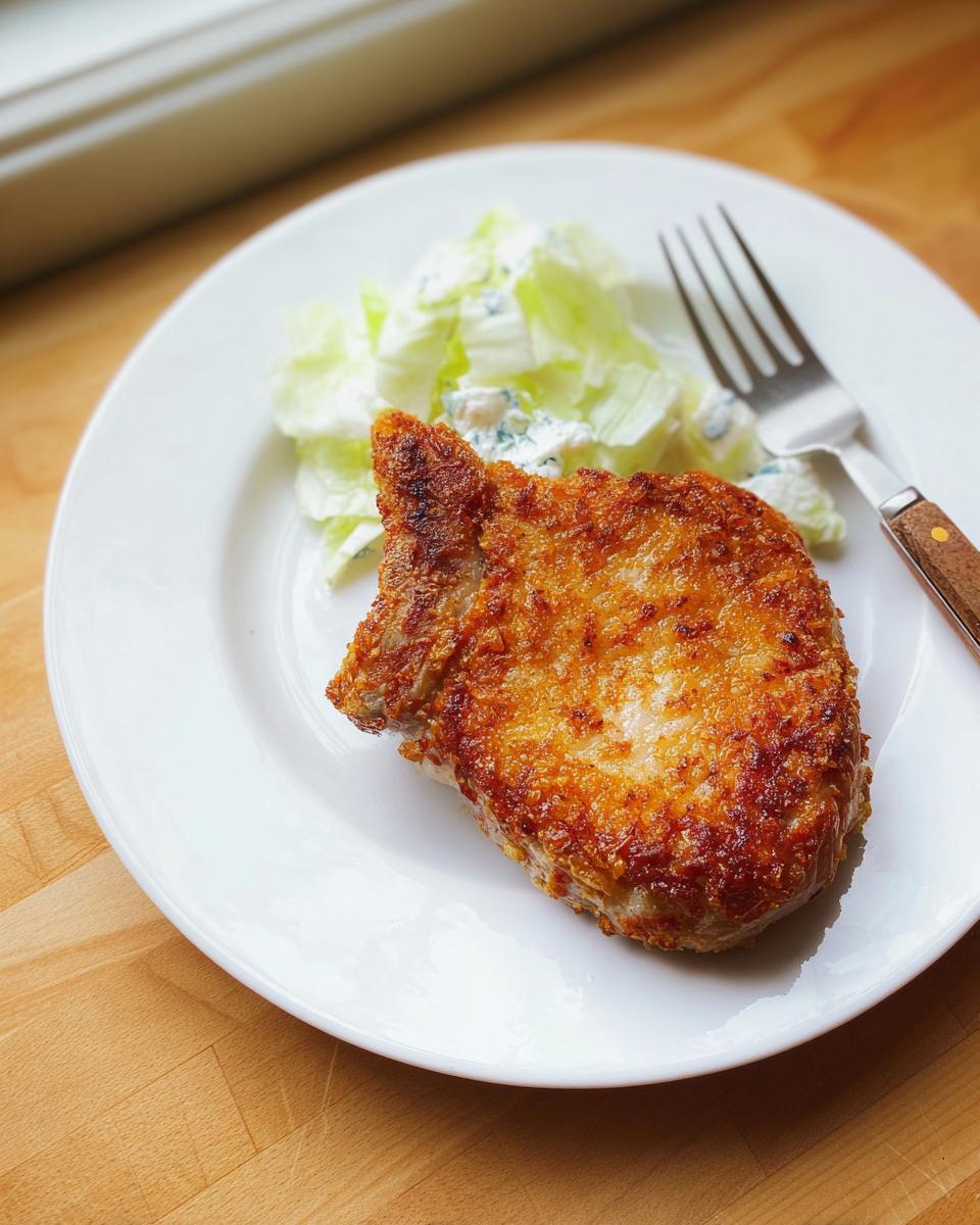 A perfectly golden, crispy pork chop served on a white plate next to a small side salad, illustrating the delicious Pork Chops Recipes.