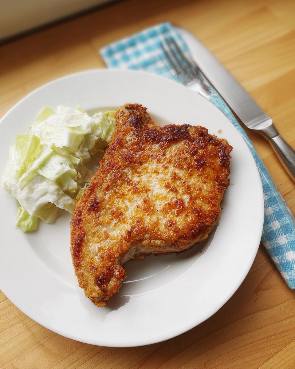 A perfectly browned, crispy breaded pork chop served with a side of creamy coleslaw on a white plate.