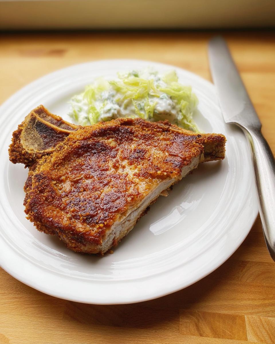 A perfectly cooked, crispy breaded pork chops recipe served on a white plate with a side of creamy coleslaw.