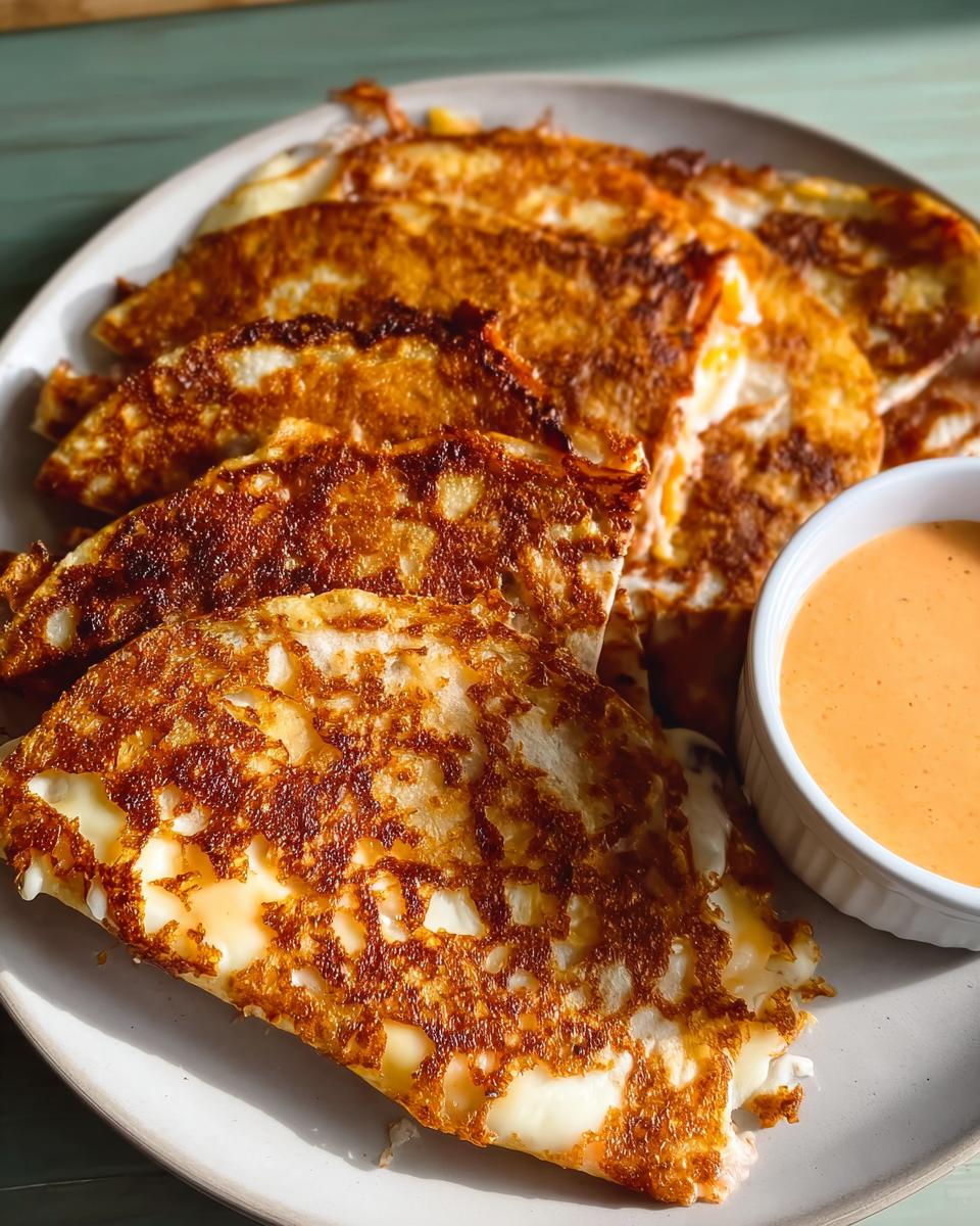 A plate of crispy, pan-fried quesabirria tacos served with a side of orange dipping sauce for Restaurant-Style Taco Tuesday Recipes at Home.