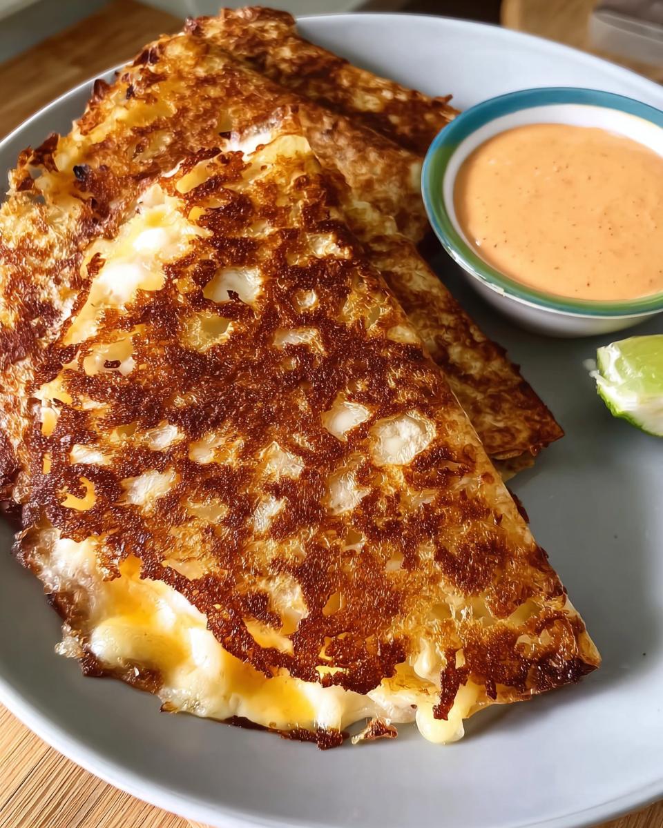 Close-up of crispy, golden-brown cheese quesadilla wedges served with a side of spicy orange dipping sauce for Restaurant-Style Taco Tuesday Recipes at Home.