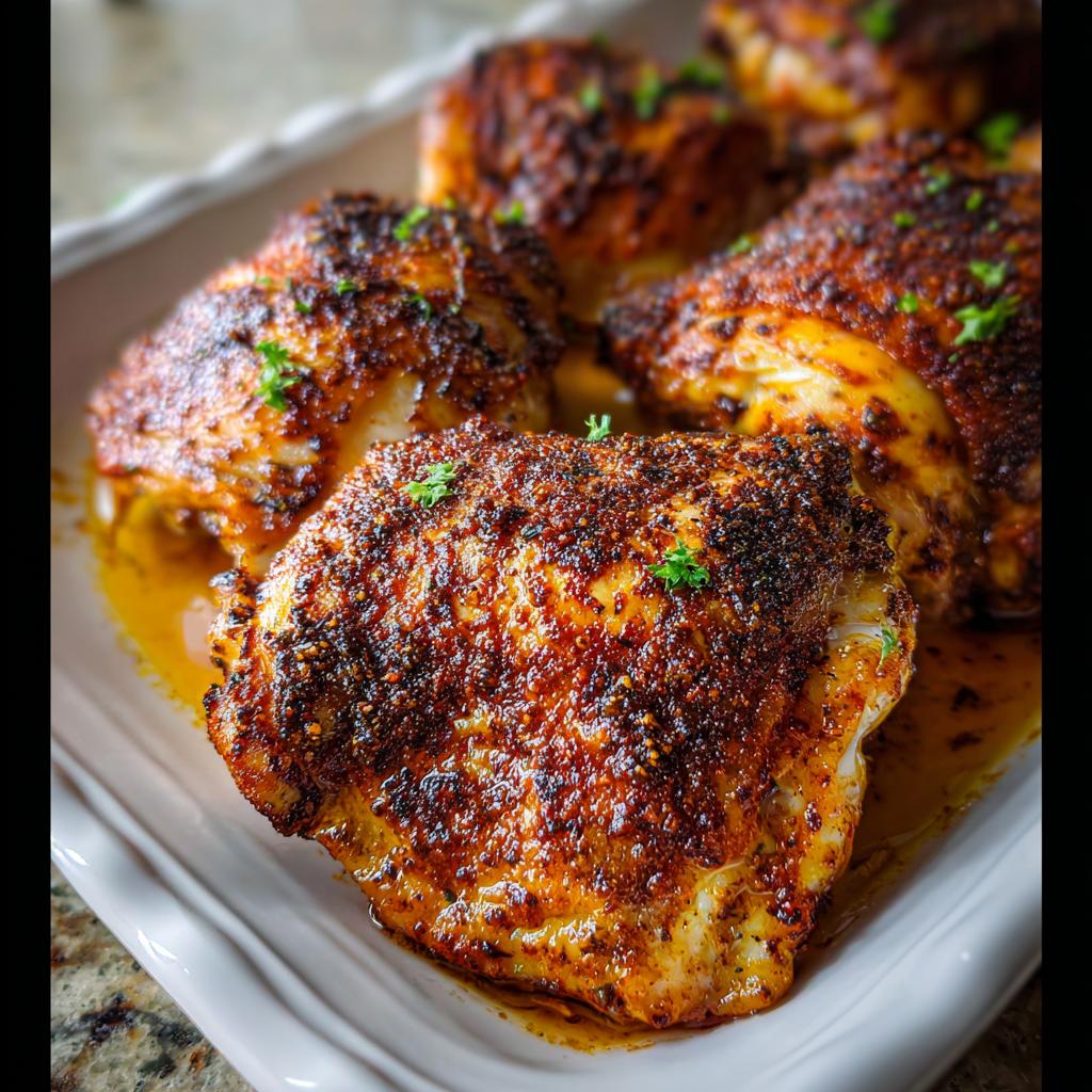 Close-up of perfectly cooked, crispy skin chicken thigh recipes like a pro, garnished with parsley.