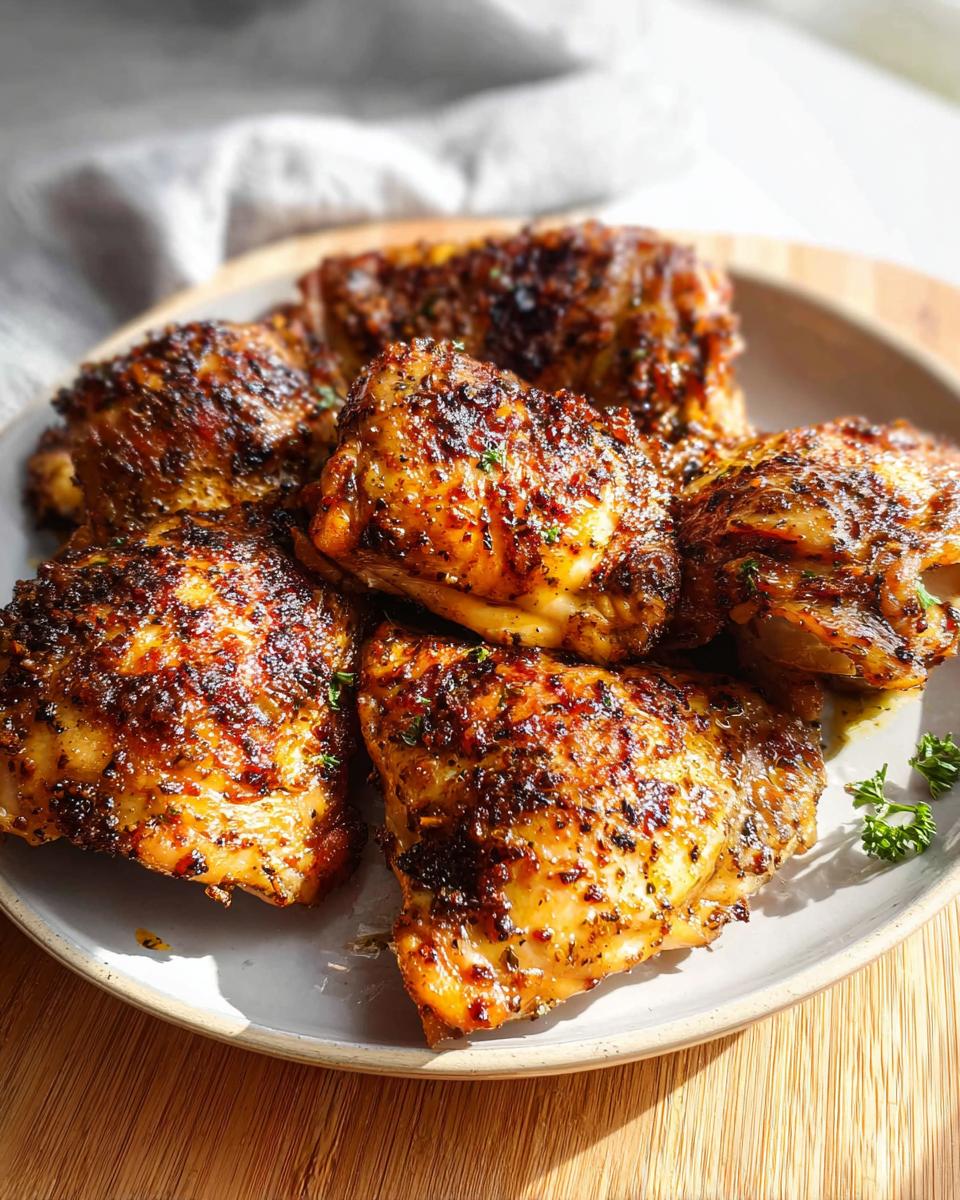 A plate piled high with crispy, seasoned baked chicken thighs, showcasing a rich, dark glaze.