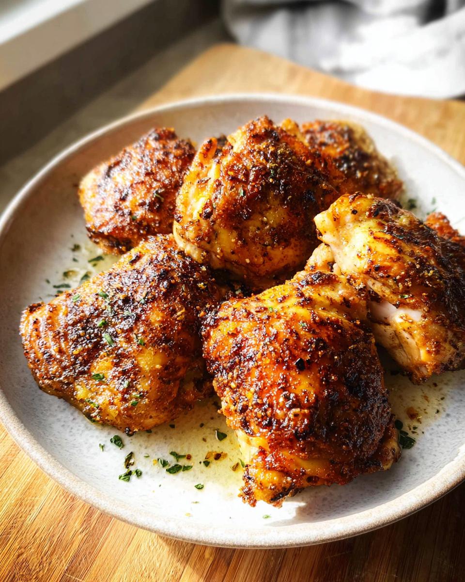 A plate of five crispy, golden-brown, seasoned chicken thighs resting in their juices.