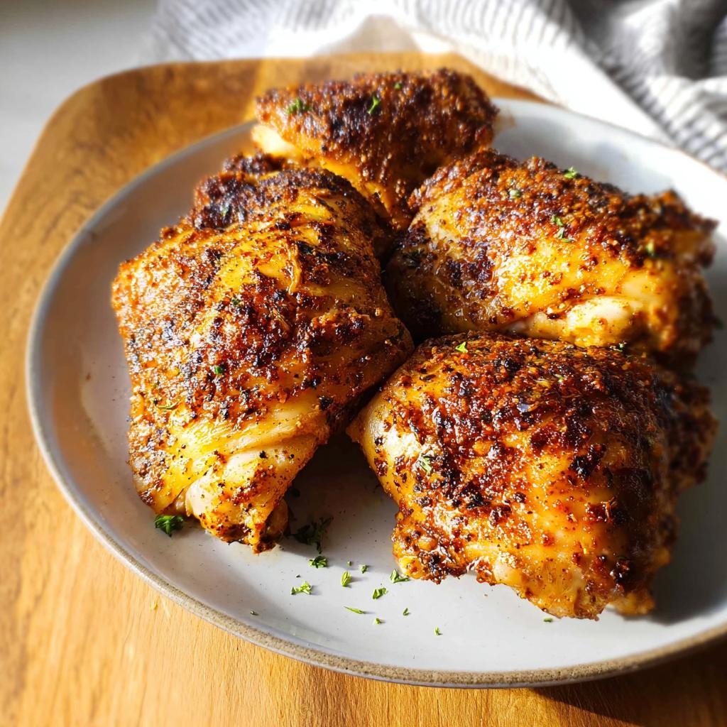 Four perfectly cooked, crispy-skinned chicken thighs seasoned with a dark spice rub, served on a light plate.