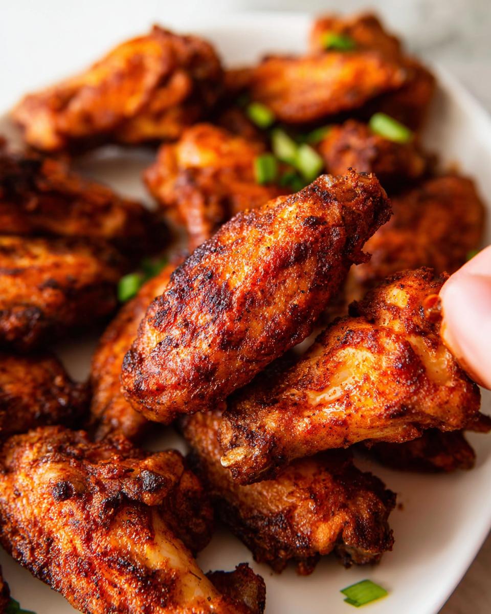 Close-up of crispy, seasoned chicken wings piled on a white plate, garnished with green onions.