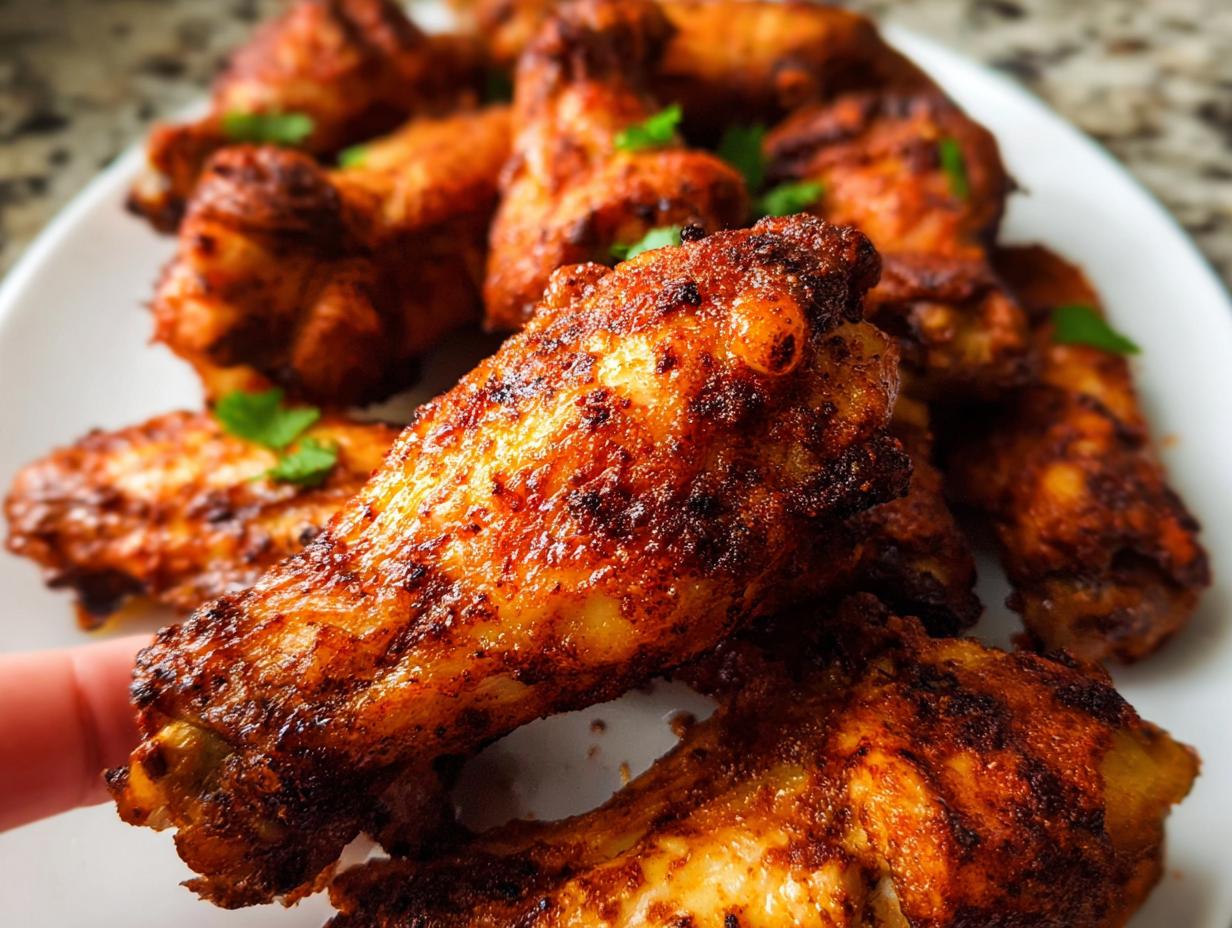 Close-up of crispy, seasoned chicken wings being held, part of 25-Ingredient Chicken Wings Recipes (No Fuss).